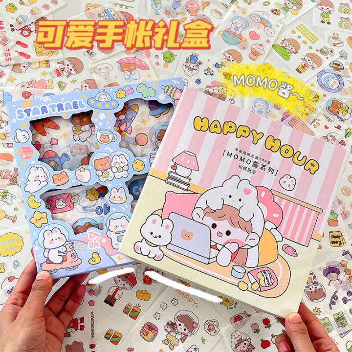 MOMO Sauce Cartoon Set Girl Heart and Paper Gift Box Handheld Account Sticker 100 Sheet Material Pack