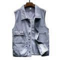 2023 Retro Denim Vest Men Sleeveless Cargo Jacket Harajuku Style Tooling Jean Jacket Cowboy Fashion Wasitcoat Men'S Clothing XXL. 