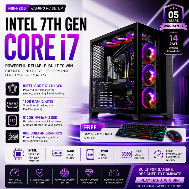Intel Core i7 7th Gen RAM 16GB SSD 512GB Nvme 8GB Built In HD Graphic Gaming PC