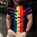 Men's Zip Polo Shirt 3d Stripe Print Fashion Clothing Summer Business Casual T-Shirt Mens Polo Shirt Zip Short Sleeve Street Top. 