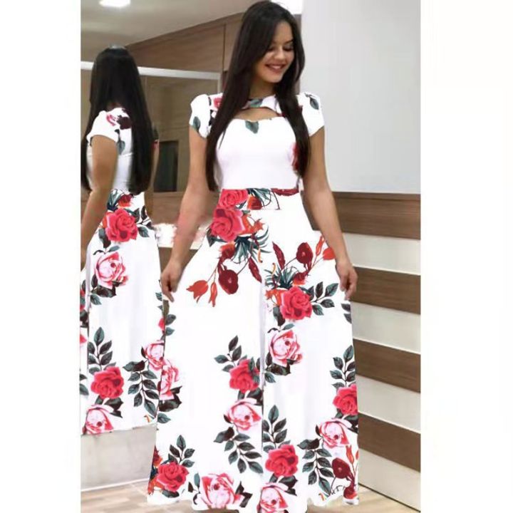 Women%20Short%20Sleeve%20Hollow%20Out%20O-neck%20Long%20Dress%20Summer%20Elegant%20Floral%20Printed%20High%20Waist%20Elastic%20Elegant%20Boho%20Robe%20Maxi%20Vestidos%20-%20Image%205