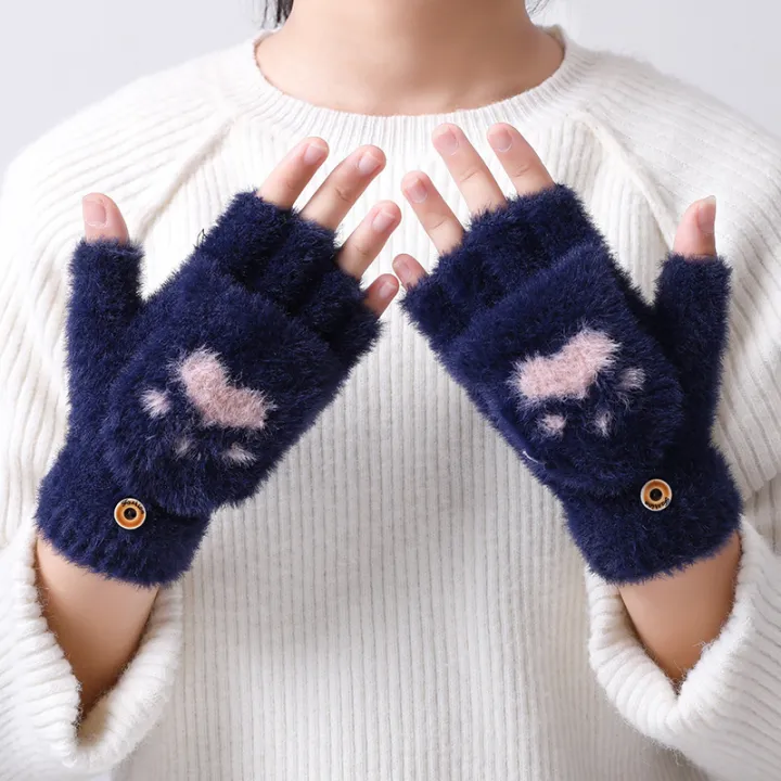 New%20Korean%20Cute%20Cartoon%20Cat%20Claw%20Warm%20Gloves%20Autumn%20Winter%20Wool%20Knitting%20Half%20Refers%20To%20Flip%20Gloves%201Pair%20-%20Image%203