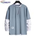 Decorative Splicing Style T-shirt Stylish Men's Two-piece Patchwork Sweatshirt Trendy Fall/winter Hop Stwear for Soutast Asian Fashion Enthusiasts Men Round Neck T-shirt.