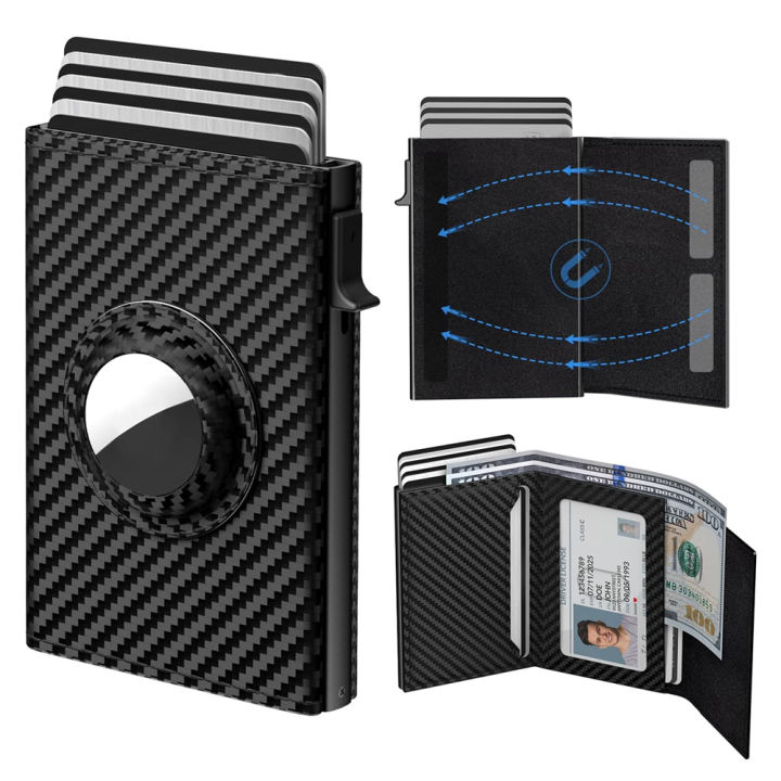 Mens Wallet Card Holder for AirTag:Pop up Card Case, RFID Blocking, Smart, Slim, ID Window | Cash Slot (AirTag not included)