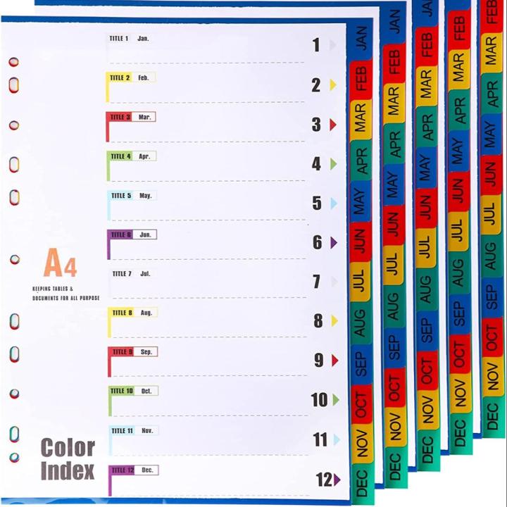 A4 File Dividers 10/12 Part Index Jan-Dec (1 Pack) A4 Plastic Binder Dividers, Multi-Punched 11-Hole Assorted Colours Month Index Divider Tabs for Most Ring Binders