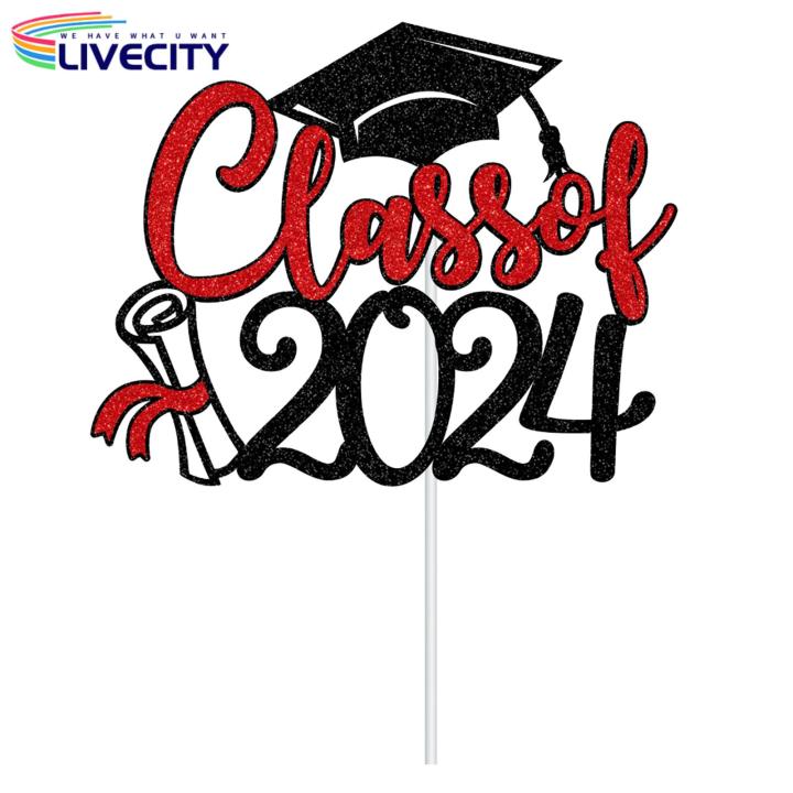 Graduation Cake Accessories Glitter Graduation Cake Topper Set Class of 2024 Congratulations Card Gift for Graduate Party Decor Finish School Celebration Class of 2024 Cake Decorations