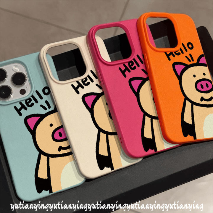 Luxury Leather Texture Skin Feel Case Compatible for IPhone 11 15 16 13 14 12 Pro Max 15 16 14 Plus XR XS X Max Fashion Lovely Hello Cartoon Pig Soft Cover