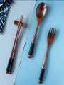 Wooden Tableware Set - Handmade, 4-Piece Dinnerware with Spoon, Chopsticks, Fork for Home Dining, Rice & Soup.