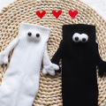 Funny Women Men Hold Hands Socks Cute Plush Eyes Soft Cotton Socks For Student White Black Unisex Couple Ankle Socks. 