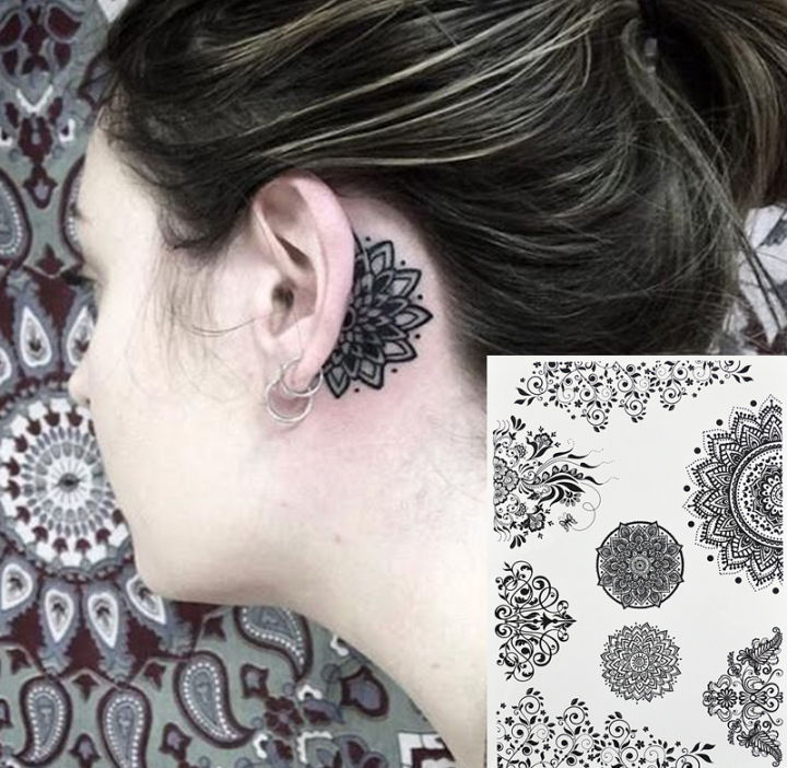 【beauty code store】# BH-6 Mini Mandala Tattoo Achter Oor, De Populaire Zwarte Henna Tattoos Geïnspireerd Body Tattoos Stickers