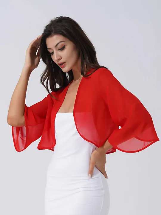 Women%203/4%20Sleeve%20Solid%20Color%20Chiffon%20Open%20Front%20Cardigan%20Bolero%20Jacket%20Shawl%20Wraps%20Spring%20Summer%20Outdoor%20Casual%20Wear%20-%20Image%203