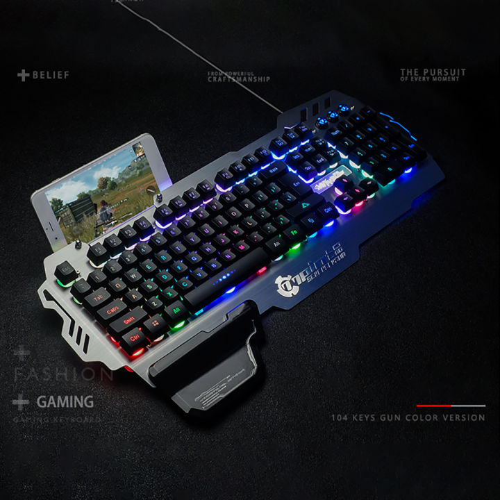 HXSJ%207Pin%20Pk-900%20Gaming%20Keyboard%20Rgb%20Backlight%20Computer%20Keyboard%20With%20Mo-bile%20P-hone%20HO-lder%20Wrist%20Rest%20S-ilver%20-%20Image%203