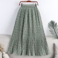 Spring Summer Skirt Women 2022 New Vintage Floral Print Chiffon Pleated Skirt Elastic High Waist Casual Midi Skirt Women Clothes. 
