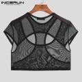 Men T Shirt O-neck Hollow Out Short Sleeve Mesh See Through Sexy Crop Tops Men Streetwear Skinny Camisetas S-5XL.
