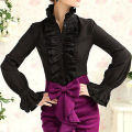 Victorian Flounce Blouse Women OL Office Ladies Business White Shirt High Neck Frilly Ruffle Cuffs Shirts Female Blouses.