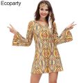 Women Floral Fashion Mini Dresses Hippie Girl Costume Flare Sleeve 70's Disco Dress Ladies Party Clubwear Retro Hippy 70s Dress. 