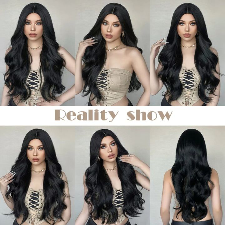 GEMMA%20Black%20Long%20Wavy%20Synthetic%20Wig%20Natural%20Black%20Body%20Wave%20Wigs%20for%20Women%20Afro%20Cosplay%20Daily%20Hair%20Middle%20Part%20Heat%20Resistant%20-%20Image%204