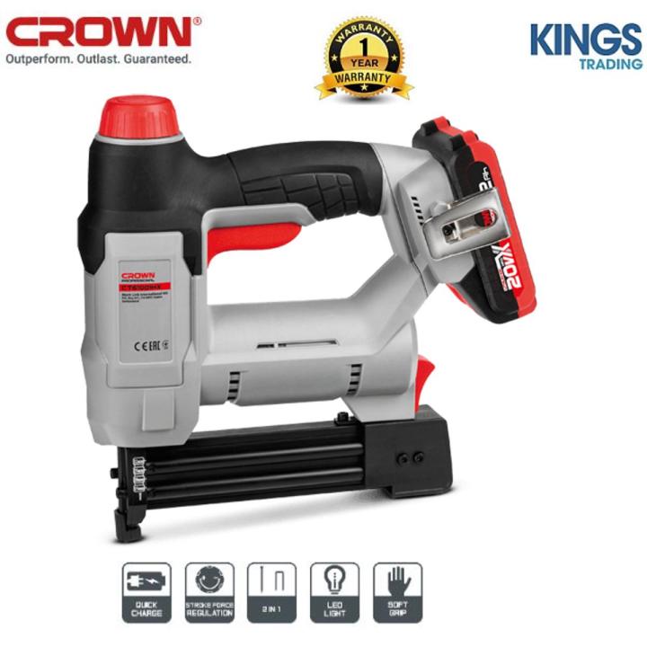 CROWN 20v cordless brad Nailer and stapler 20v (Lithium-ion, 2 Ah), staple length: 15-22 mm, nail length: 15, 20, 25, 30, 32 mm, Load capacity: 100 Pcs with battery and charger Model: CT61001HX-2 - Kings Trading