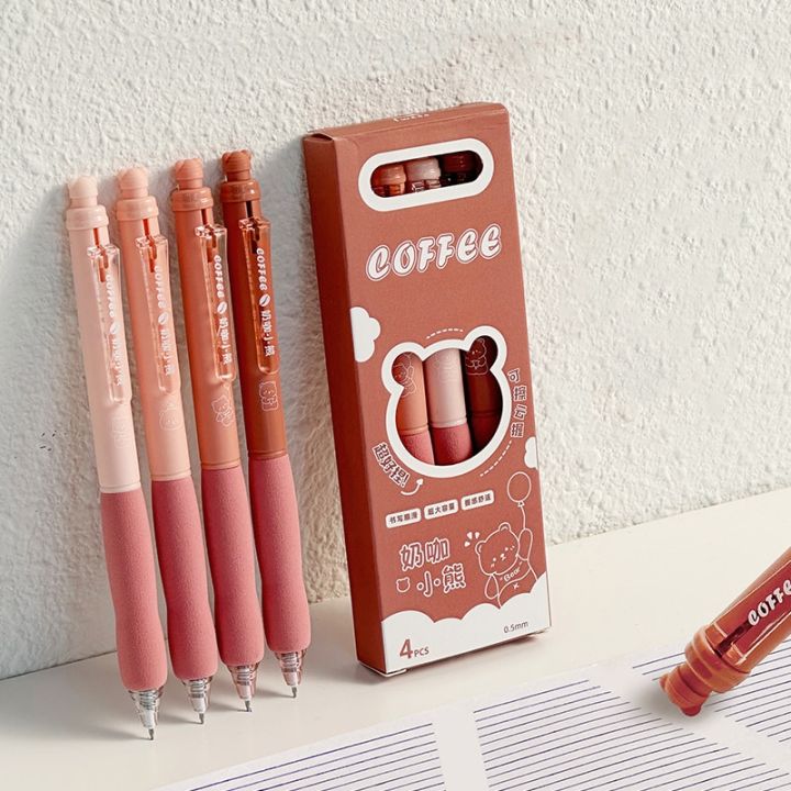 4 Pack Brown Bear Erasable Gel Pens, 0.5mm Blue/Blue Soft Grip Signature Pens for Cute Girl Students Office School Gifts