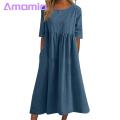 Amamia Casual Dress Pockets Women Pleated Flowy Hem Solid Midi Dress. 
