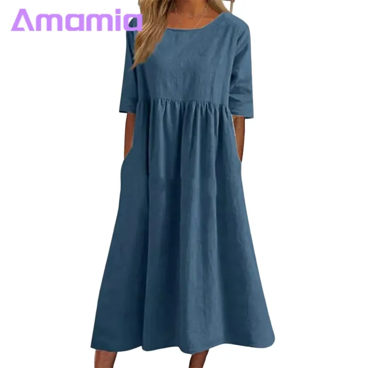 Amamia%20Casual%20Dress%20Pockets%20Women%20Pleated%20Flowy%20Hem%20Solid%20Midi%20Dress%20-%20Image%202