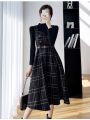 Autumn Winter Lady fashion Overalls 2 Piece Set Dress Women black Knitted Sweater Top + Plaid Tweed Slim Big Swing Midi Dress. 