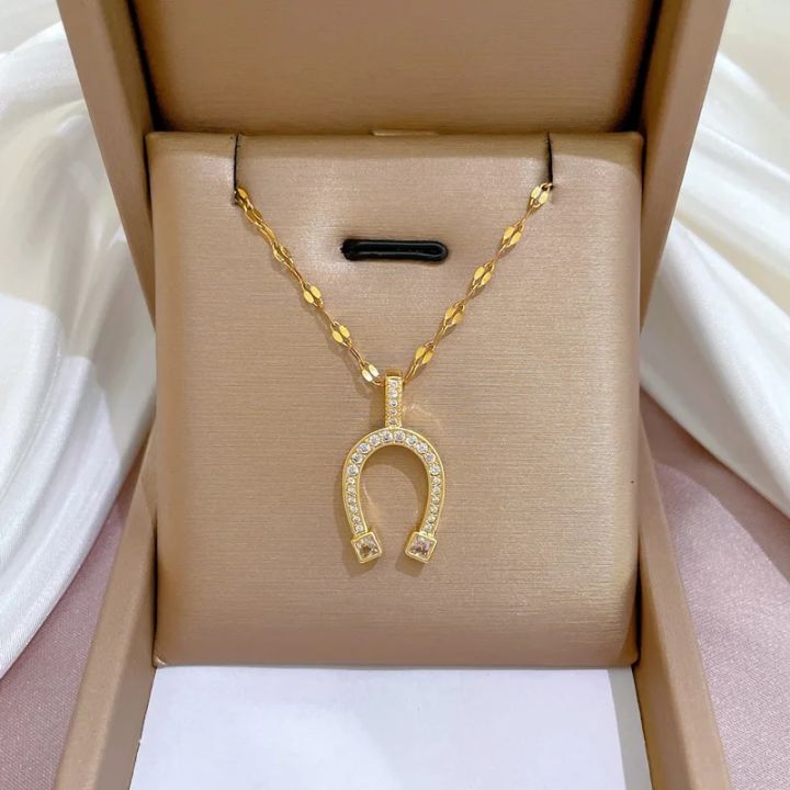 Stainless Steel Gold Color Filled Zircon Horse Shoe Pendant Necklace Horseshoe U Shape Necklace Fine Jewelry Women Gift DropShip