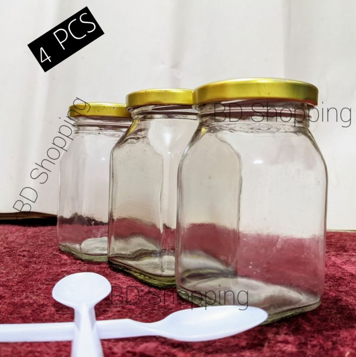 Full Airtight 250 ml. 04 Pcs Glass Jar for Kitchen & Dining. Glassware Food container with new steel cap.
