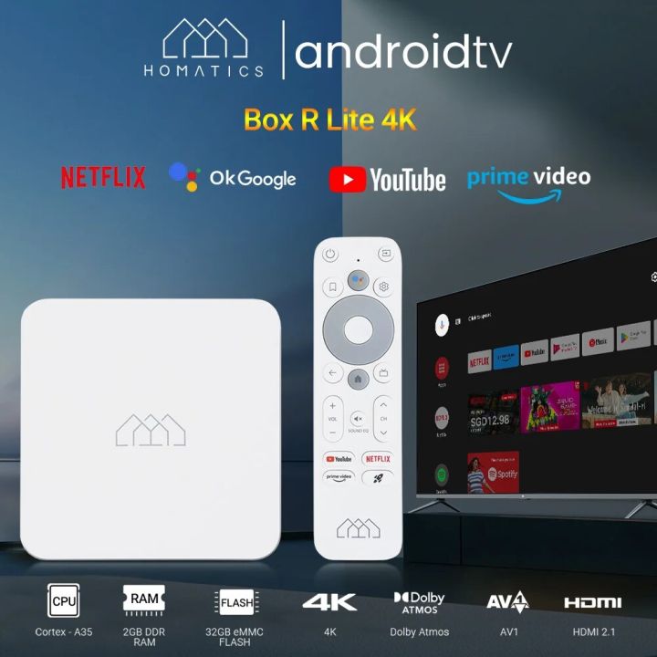 HOMATICS R Lite 4K TV Box Android 11 with Netflix 4K Google Certified Amlogic S905Y4 2G32G Dolby Atmos AV1 H.265 2T2R Wifi ATV