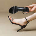 2024 Spring/Summer New Black Water Diamond Sexy High Heel with Sandals, Fashionable Cut Men's Slim Heels, Women's Shoes. 