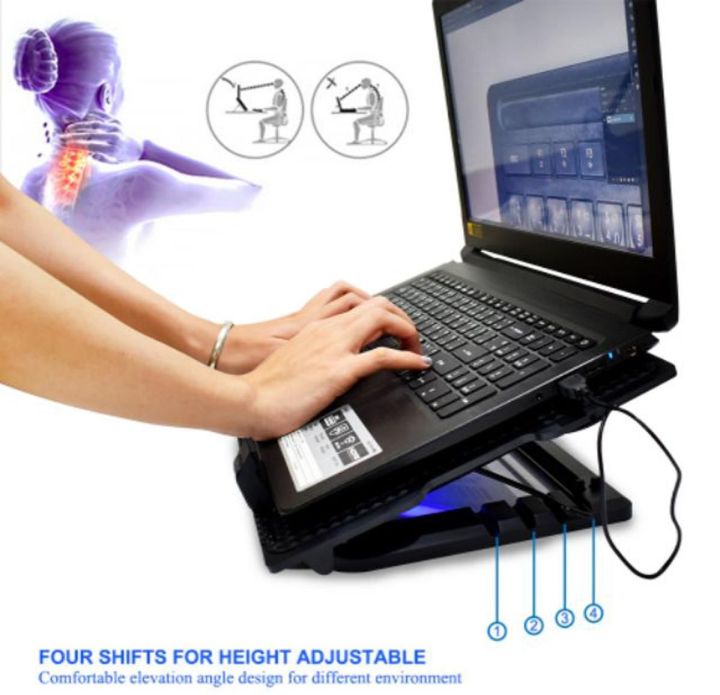 Gaming Laptop Cooler stand, Portable Ultra-Slim Silent Laptop Notebook Cooling Pad, USB Powered Silent With 4 Fans, with LED Quiet Slim, Light Weight Cooler Laptop Cooling Pad Stand height adjustments Laptop table