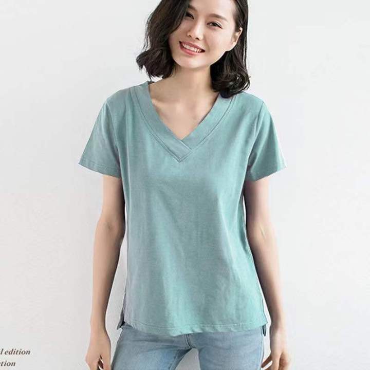 %E3%80%90100%25Cotton%20Slub%20Cotton%E3%80%91Summer%20New%20Short%20SleeveTT-shirt%20Women's%20Korean-Style%20Large%20Size%20Loose%20All-MatchingV-Neck%20Top%20-%20Image%202