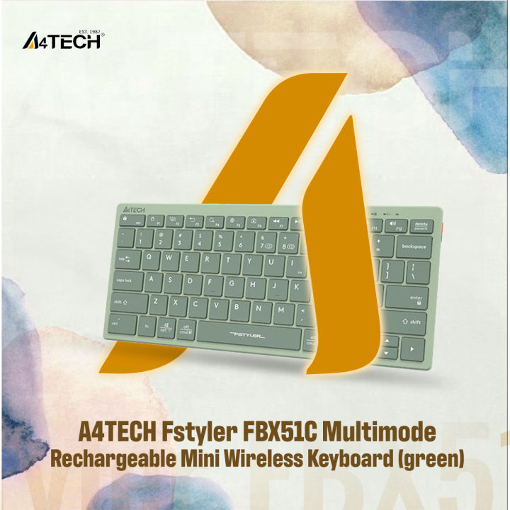 A4TECH Fstyler FBX51C Multimode Rechargeable Mini Wireless Keyboard - Dual Connectivity (Bluetooth + 2.4GHz) - Rechargeable Design - Chocolate Keycaps - For Windows / Mac / iOS / Chrome / Android / Harmony OS. - Grey/Matcha Green