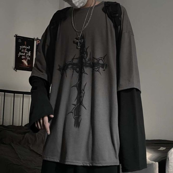 Gothic%20Goth%20Style%20Tshirt%202021%20Mall%20Goth%20Tops%20Punk%20Long%20Sleeve%20Oversized%20T-shirt%20Fake%20Two-piece%20Street%20Fashion%20Korean%20Style%20-%20Image%203