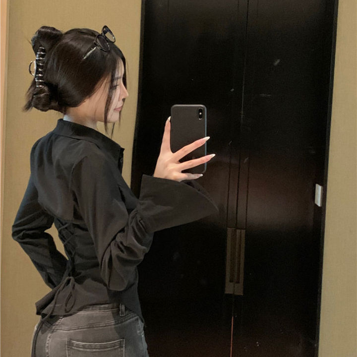 Gidyq%20Fashion%20Women%20Bandage%20Shirts%20Korean%20All%20Match%20Streetwear%20Female%20Slim%20Blouse%20Spring%20Casual%20White%20Bell%20Sleeve%20Shirt%20New%20-%20Image%204