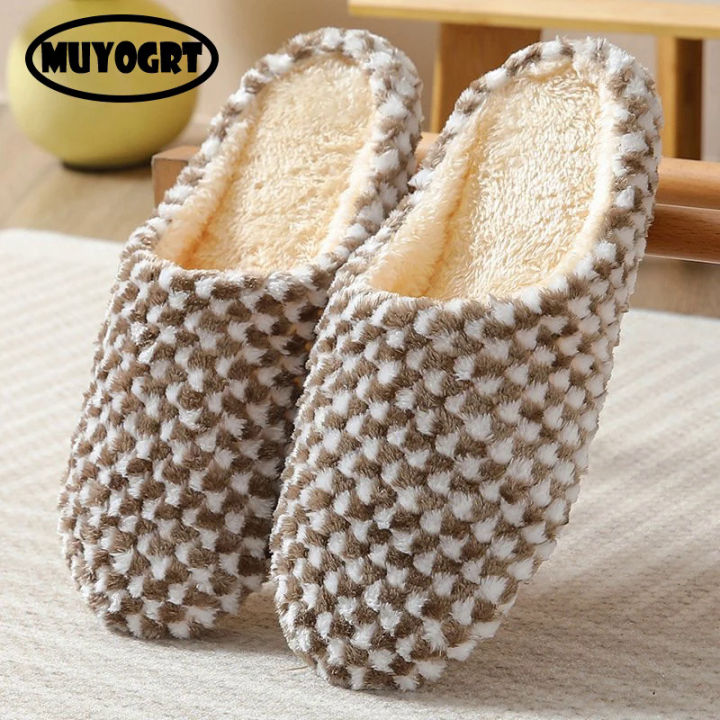 【selevn roind】 Men'S Slippers Winter Plush Warm Home Shoes Women Fur Slipper Indoor Silence Comfort Floor Slides Shoes Men Bedroom Footwear