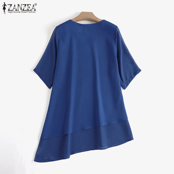 ZANZEA%20Women%20Summer%203/4%20Sleeve%20Plain%20Layered%20Asymmetric%20Hem%20O%20Neck%20Loose%20Tops%20Blouse%20#11%20-%20Image%206