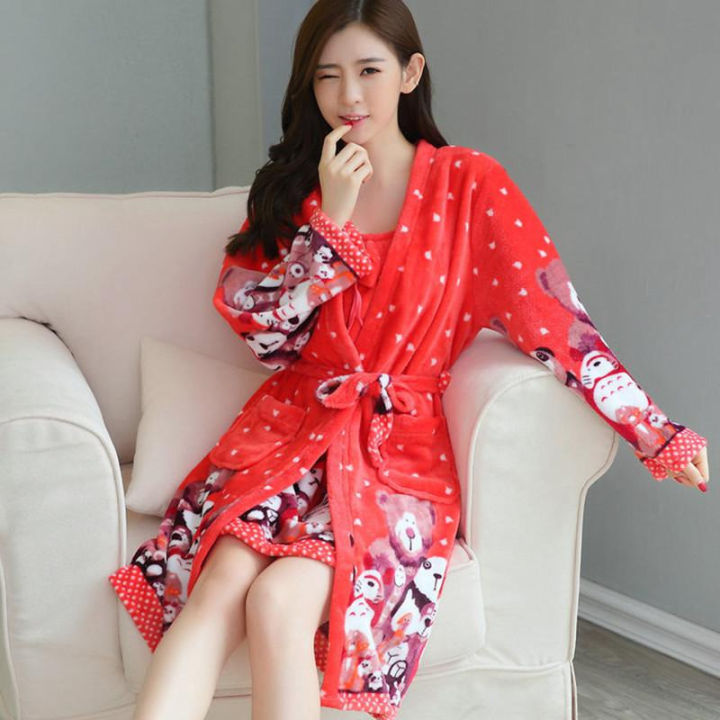Winter Warm Coral Fleece Bathrobe Women Flannel Kimono Bath Robe Bridesmaid Dressing Gown For Sleeping Night Wear