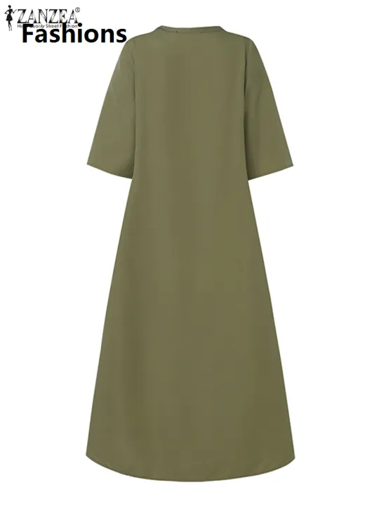 Fashions%20%E3%80%902025%20Version%E3%80%91%20ZANZEA%20Elegant%20Women%20OL%20Work%20Midi%20Dress%20Half%20Sleeve%20Sundress%20Solid%20Pleated%20A-line%20Vestidos%20O%20Neck%20Casual%20Buttons%20Up%20Robe%20-%20Image%205
