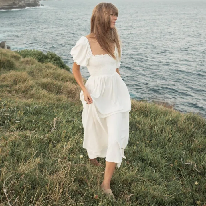 Maxi%20Dresses%20For%20Women%202022%20Elegant%20Square%20Neck%20Smocked%20Summer%20White%20Dress%20Short%20Puff%20Sleeve%20Vacation%20Beach%20Long%20Casual%20Dress%20-%20Image%202