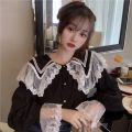 French Vintage Doll Collar Shirt Women Trend Korean Chiffon Cute Lace Patchwork Button up Lolita Blouse Preppy Top Long sleeve. 