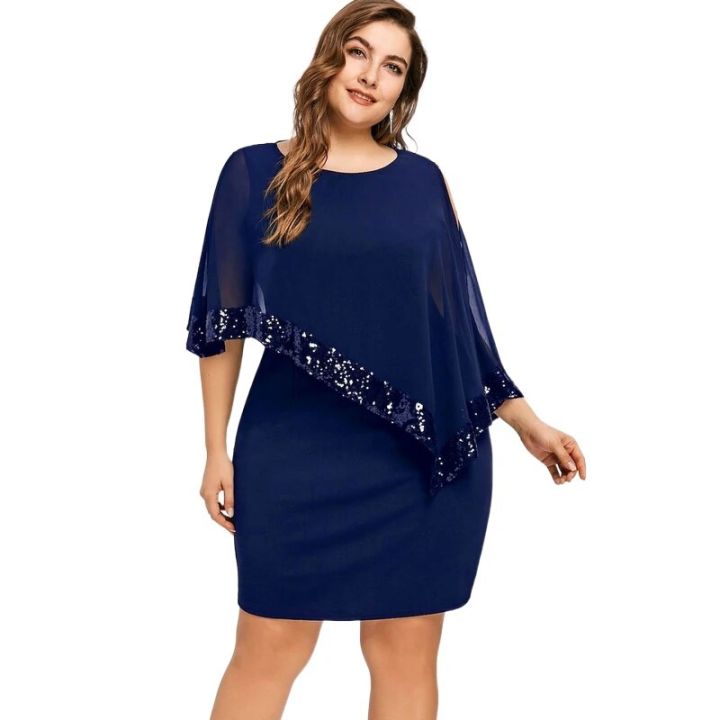 Formal Plus Size Dresses Womens Cape Sleeve Elegant Bodycon Church Dresses 2024 Sequins Chiffon Curve 4Xl 5Xl Dress Party Night