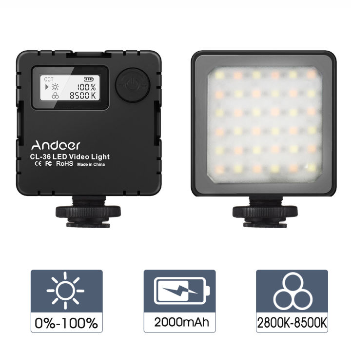 Andoer CL-36 Mini Bi-color LED Video Light 2800K-8500K Battery 3 Cold Shoe Mounts LCD Display Vlog Fill Light for DSLR Camera