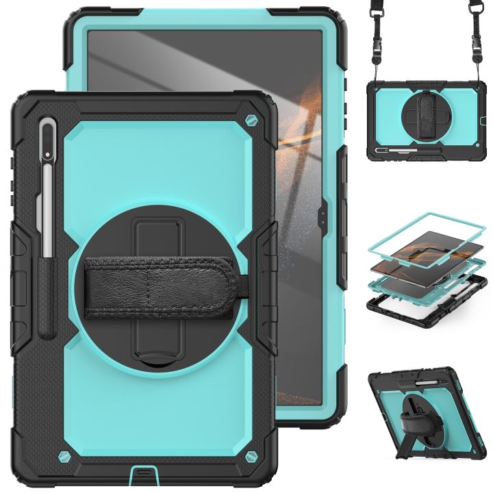 For Samsung Galaxy Tab S10 Ultra / S9 Ultra / S8 Ultra Silicone + PC Tablet Case with Shoulder Strap