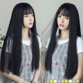 【DATA FROG Global MALL】（NEW）Wig female long straight hair cute air bangs black long hair fluffy hair set bangs medium long hair Woman wig. 