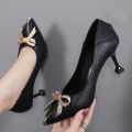 women's shoes Spring/Fall 2022 New medium heel black leather shoes professional high heels stiletto single shoes for women. 