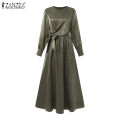 ZANZEA Muslimah Women Muslim Long Sleeve Satin Silky Evening Bowknot Waist Dancing Maxi Dress. 