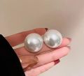 Trendy Half Round Big Simulated Pearl Stud Earrings for Girls Simple Stylish Top Set - White Statement Earring for Women - Korean Earrings Jewelry Wedding Gifts Kaner Dul for Girls. 