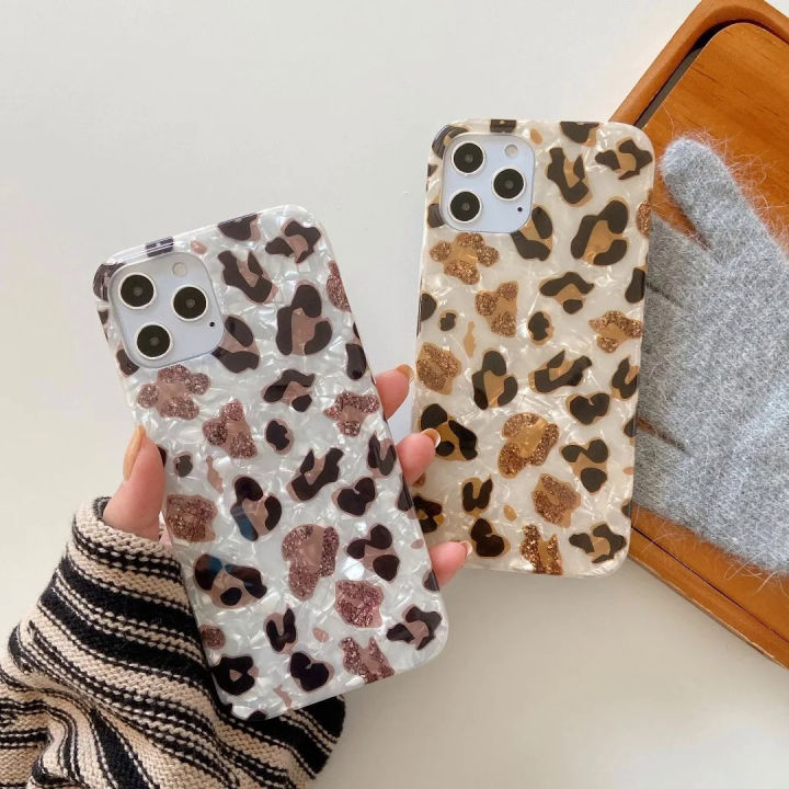 Vintage glitter leopard print phone case for iPhone 13 12 11 14 Pro Max 7 14 plus X XR soft TPU dream shell leopard marble cover