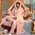 Autumn Winter Pajamas Sets For Women Flannel Thick Warm  Hooded Nightgown Plush Coral Fleece Sleepwear Long Sleeve Home Clothes. 